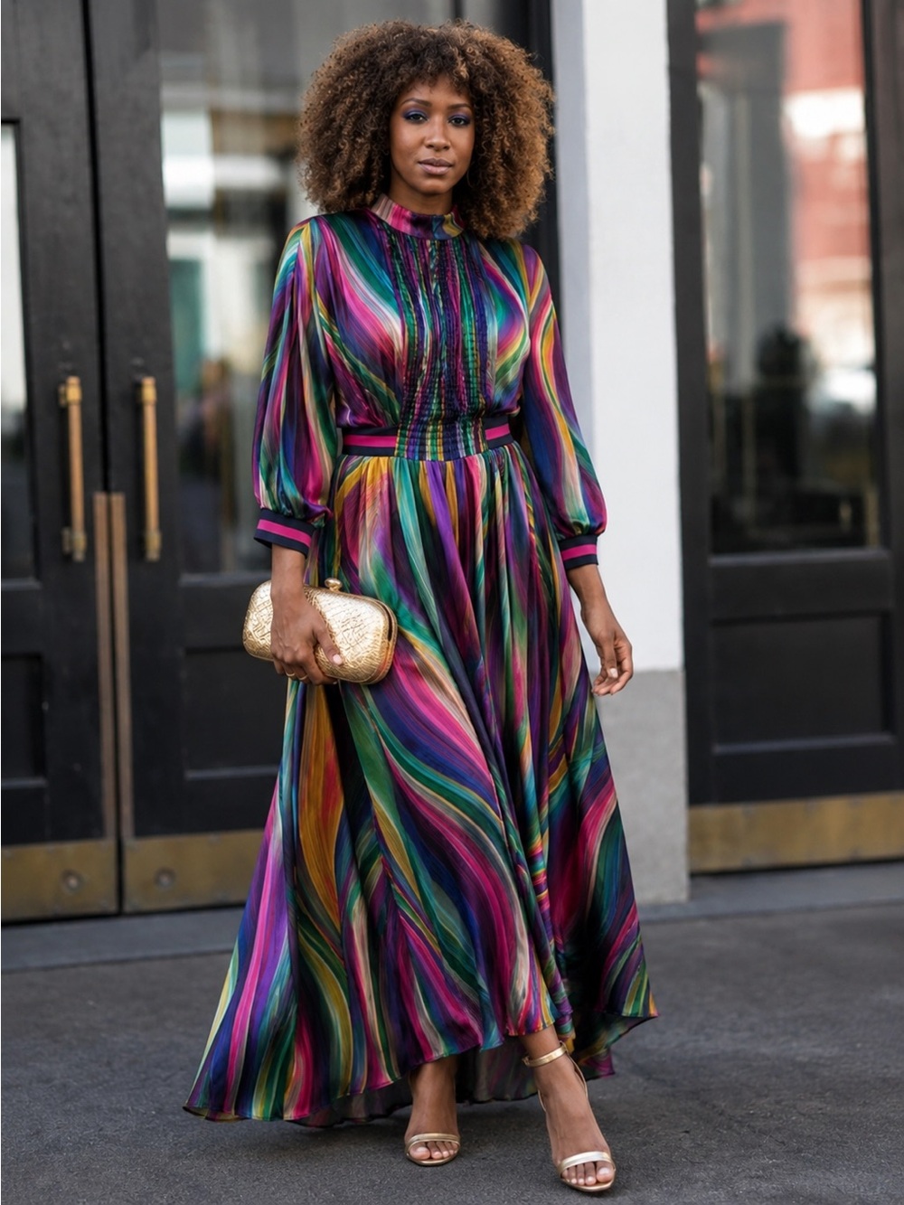 [m] Dress Multicolour Abstract Print Maxi Stretch Waist Long Sleeve colourful
